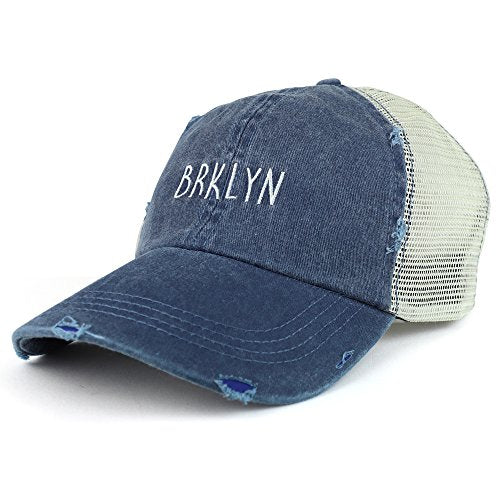 Trendy Apparel Shop Brklyn Embroidered Unstructured Washed Frayed Trucker Mesh Cap