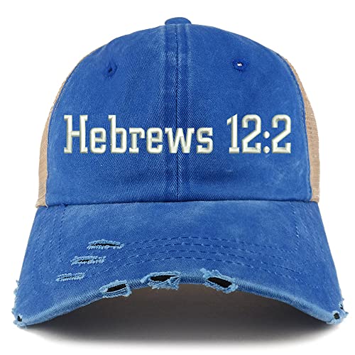 Trendy Apparel Shop Hebrews 12:2 Frayed Bill Trucker Mesh Back Cap