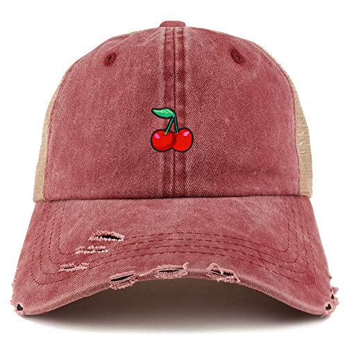 Trendy Apparel Shop Cherry Patch Pigment Dyed Mesh Back Frayed Bill Trucker Cap