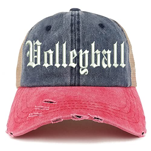 Trendy Apparel Shop Old English Volleyball Frayed Bill Trucker Mesh Back Cap