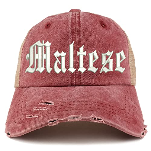 Trendy Apparel Shop Old English Maltese Frayed Bill Trucker Mesh Back Cap