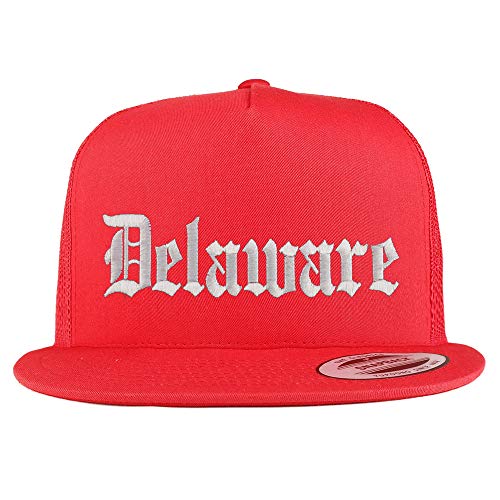 Trendy Apparel Shop Delaware State Old English 5 Panel Flatbill Trucker Mesh Cap