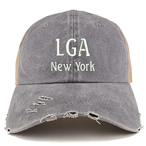 Trendy Apparel Shop LGA New York Embroidered Frayed Bill Trucker Mesh Back Cap