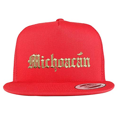 Trendy Apparel Shop Old English Michoacan Gold Embroidered 5 Panel Flatbill Trucker Mesh Cap