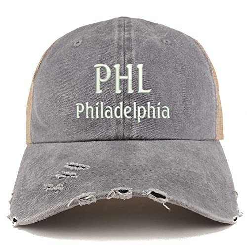 Trendy Apparel Shop PHL Philadelphia Embroidered Frayed Bill Trucker Mesh Back Cap