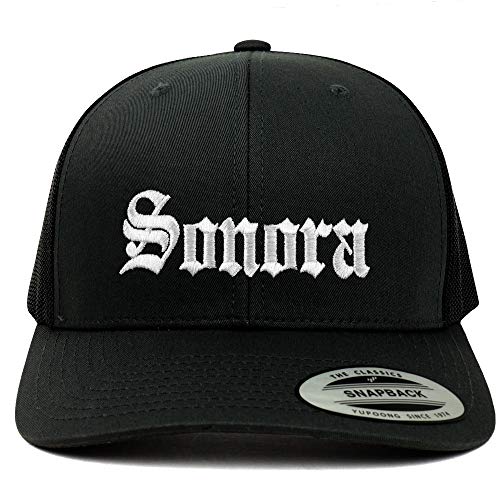 Trendy Apparel Shop Old English Sonora White Embroidered Retro Trucker Mesh Cap