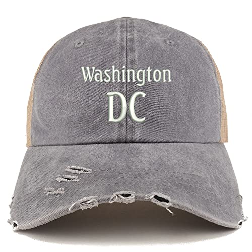 Trendy Apparel Shop Washington DC Embroidered Frayed Bill Trucker Mesh Back Cap