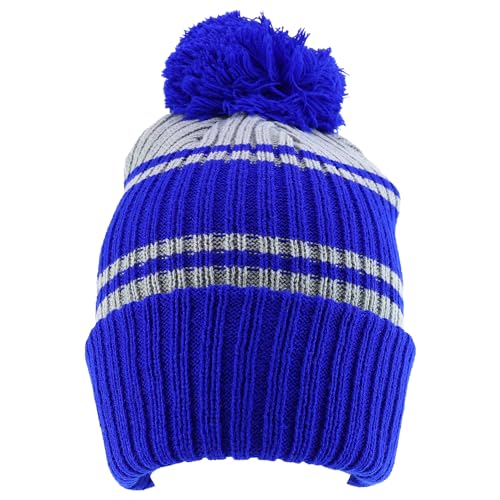 Trendy Apparel Shop Stripe Pattern Ribbed Knit Cuff Long Beanie with Pom Pom