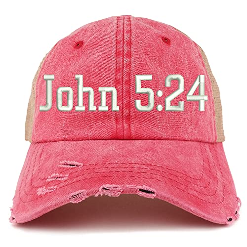 Trendy Apparel Shop John 5:24 Frayed Bill Trucker Mesh Back Cap