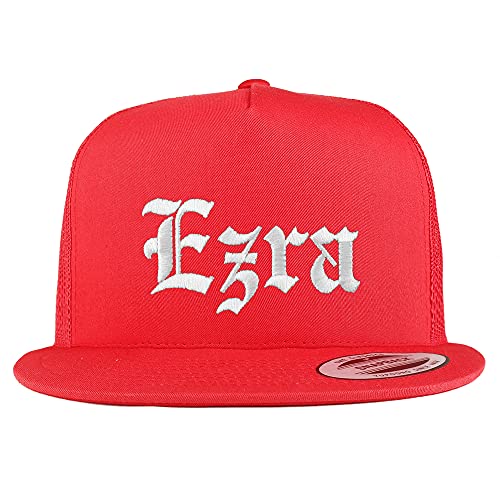 Trendy Apparel Shop Ezra Old English 5 Panel Flatbill Trucker Cap