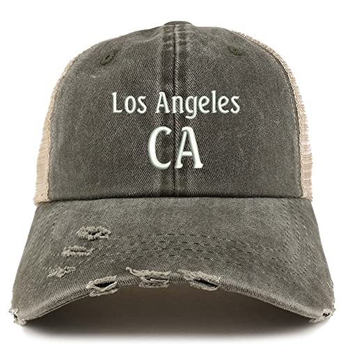Trendy Apparel Shop Los Angeles CA Embroidered Frayed Bill Trucker Mesh Back Cap