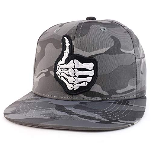 Trendy Apparel Shop Skeleton Finger Embroidered Camo Satin Flatbill Baseball Cap