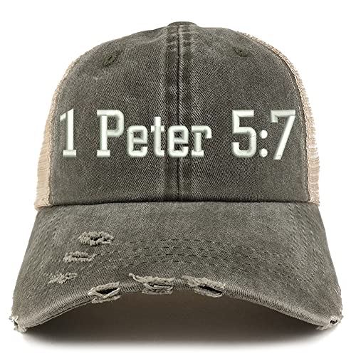 Trendy Apparel Shop 1 Peter 5:7 Frayed Bill Trucker Mesh Back Cap