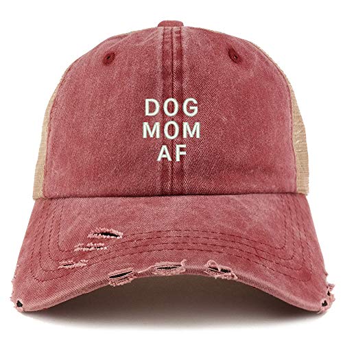Trendy Apparel Shop Dog Mom AF Washed Front Mesh Back Frayed Bill Trucker Cap
