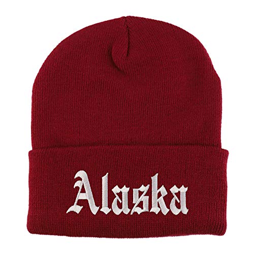 Trendy Apparel Shop Alaska State Old English Embroidered Long Cuff Beanie