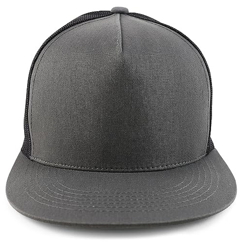 Trendy Apparel Shop Plain Structured 5 Panel Mesh Back Flat Bill Snapback Cap