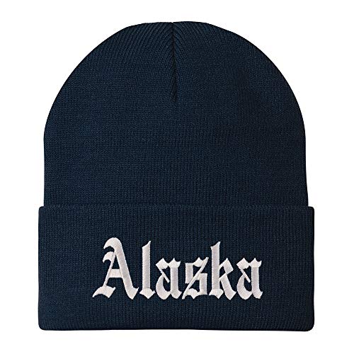 Trendy Apparel Shop Alaska State Old English Embroidered Long Cuff Beanie