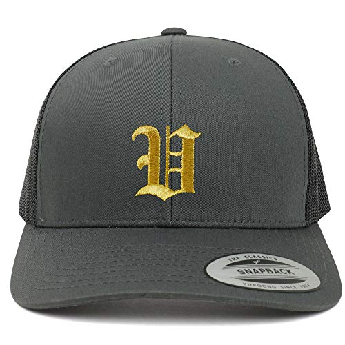 Trendy Apparel Shop Old English Gold V Embroidered Retro Trucker Mesh Baseball Cap