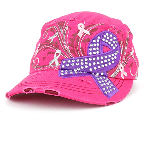 Trendy Apparel Shop Studded Pancreatic Cancer Awareness Frayed Flat Top Style Army Cap - HOT Pink