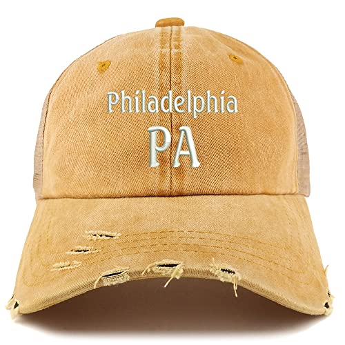 Trendy Apparel Shop Philadelphia PA Embroidered Frayed Bill Trucker Mesh Back Cap