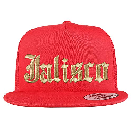 Trendy Apparel Shop Old English Jalisco Gold Embroidered 5 Panel Flatbill Trucker Mesh Cap