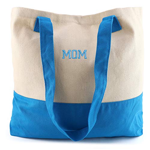 Trendy Apparel Shop Mom Embroidred Colorblock Cotton Twill Large Tote Bag