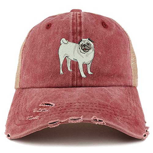 Trendy Apparel Shop Pug Dog Embroidered Frayed Bill Trucker Mesh Back Cap