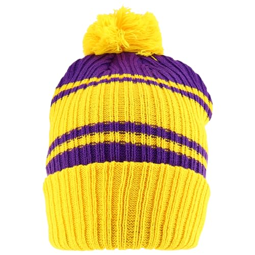 Trendy Apparel Shop Stripe Pattern Ribbed Knit Cuff Long Beanie with Pom Pom