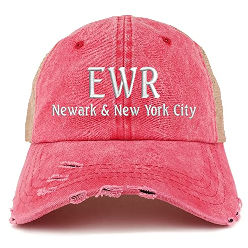 Trendy Apparel Shop EWR Newark and New York City Embroidered Frayed Bill Trucker Mesh Back Cap