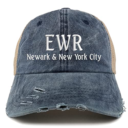 Trendy Apparel Shop EWR Newark and New York City Embroidered Frayed Bill Trucker Mesh Back Cap