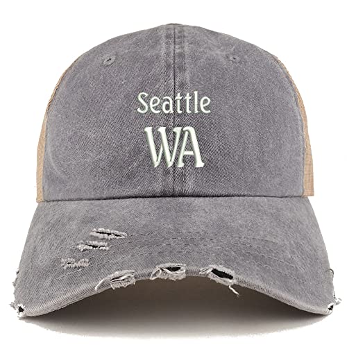 Trendy Apparel Shop Seattle WA Embroidered Frayed Bill Trucker Mesh Back Cap