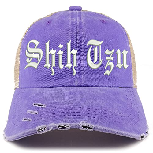 Trendy Apparel Shop Old English Shih Tzu Frayed Bill Trucker Mesh Back Cap