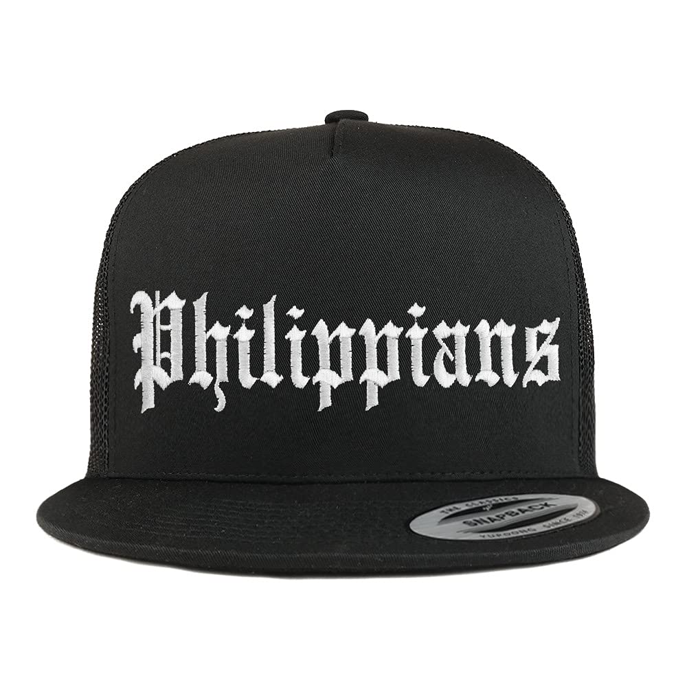 Trendy Apparel Shop Philippians Old English 5 Panel Flatbill Trucker Cap