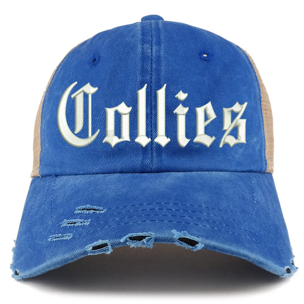 Trendy Apparel Shop Old English Collies Frayed Bill Trucker Mesh Back Cap