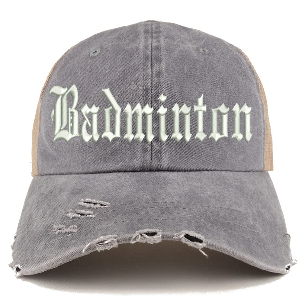 Trendy Apparel Shop Old English Badminton Frayed Bill Trucker Mesh Back Cap