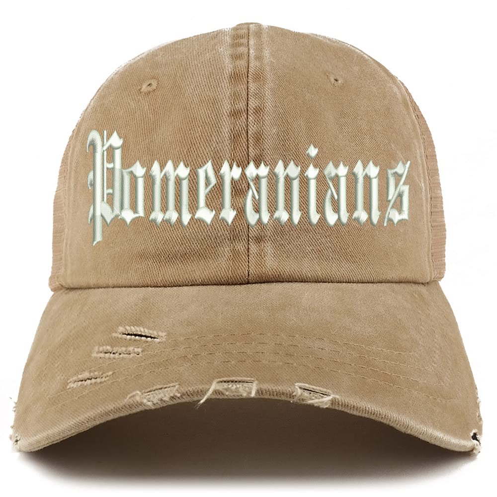 Trendy Apparel Shop Old English Pomeranians Frayed Bill Trucker Mesh Back Cap