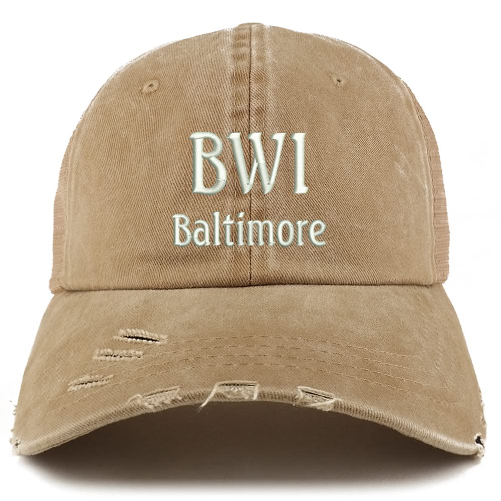 Trendy Apparel Shop BWI Baltimore Embroidered Frayed Bill Trucker Mesh Back Cap