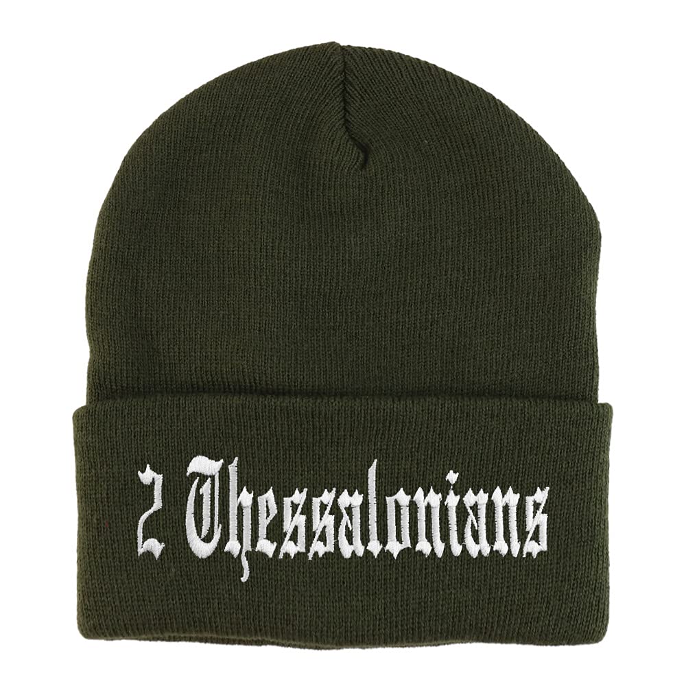 Trendy Apparel Shop 2 Thessalonians Old English Embroidered Long Cuff Beanie