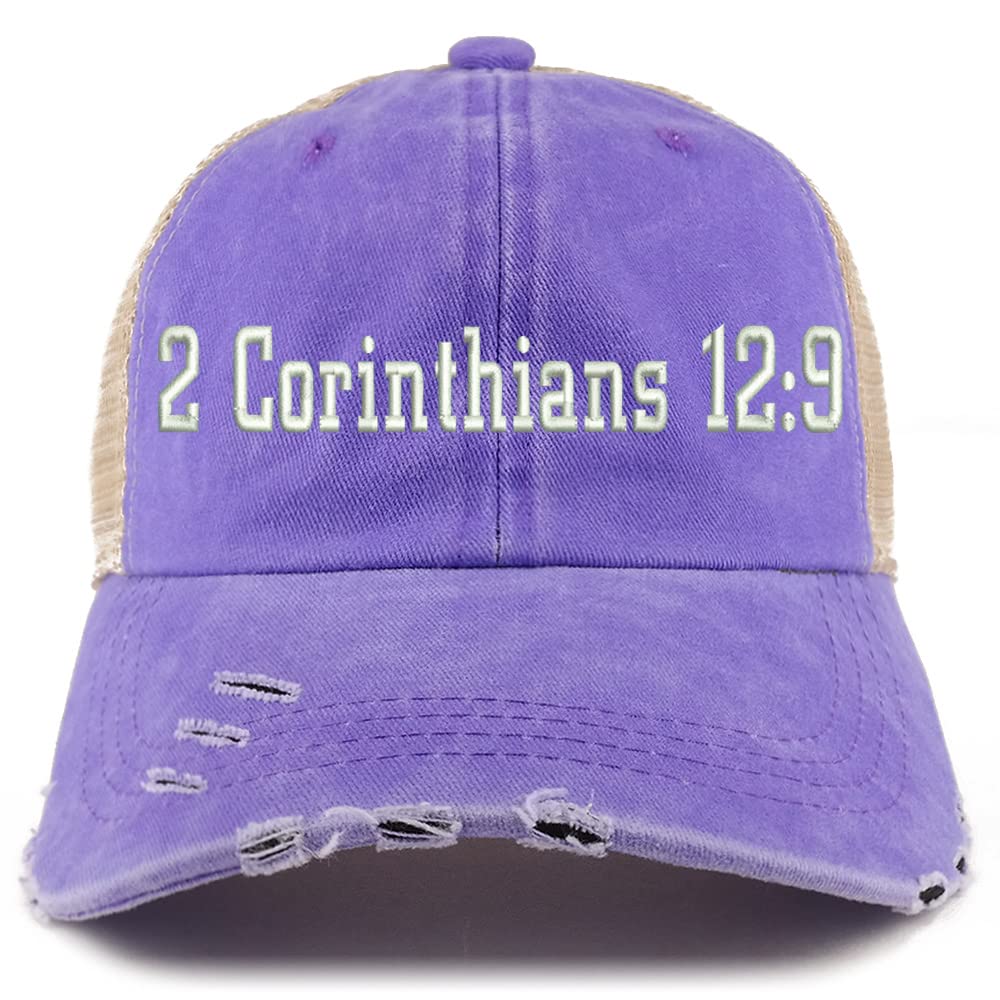 Trendy Apparel Shop 2 Corinthians 12:9 Frayed Bill Trucker Mesh Back Cap