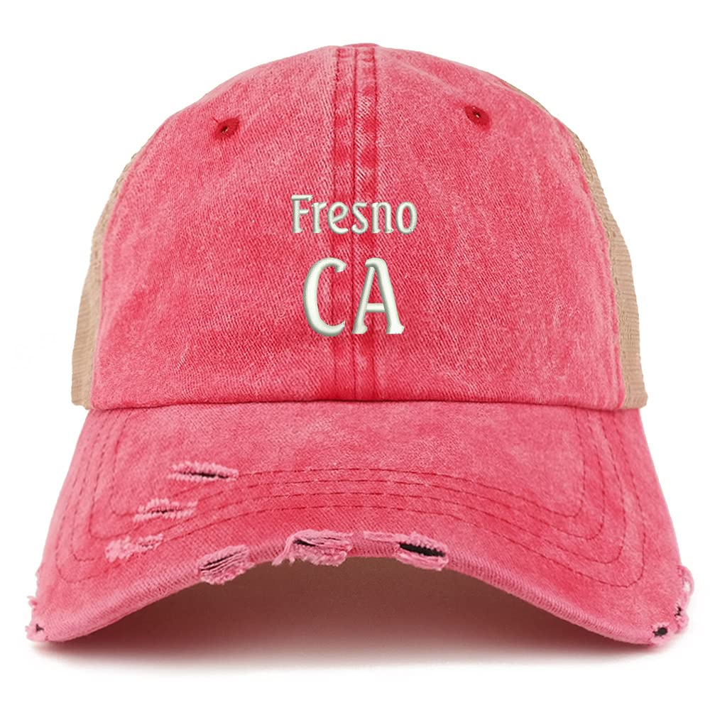 Trendy Apparel Shop Fresno CA Embroidered Frayed Bill Trucker Mesh Back Cap
