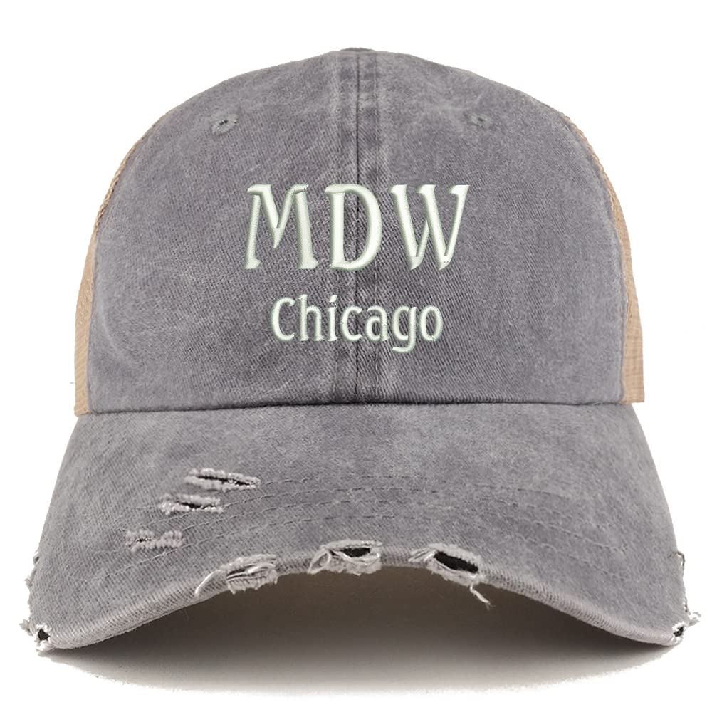 Trendy Apparel Shop MDW Chicago Embroidered Frayed Bill Trucker Mesh Back Cap