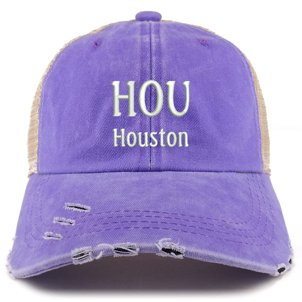 Trendy Apparel Shop HOU Houston Embroidered Frayed Bill Trucker Mesh Back Cap