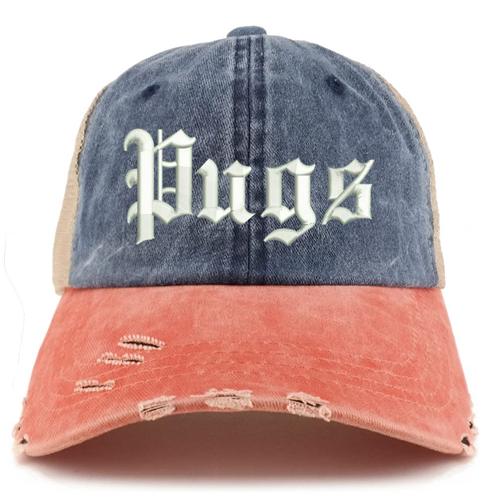 Trendy Apparel Shop Old English Pugs Frayed Bill Trucker Mesh Back Cap
