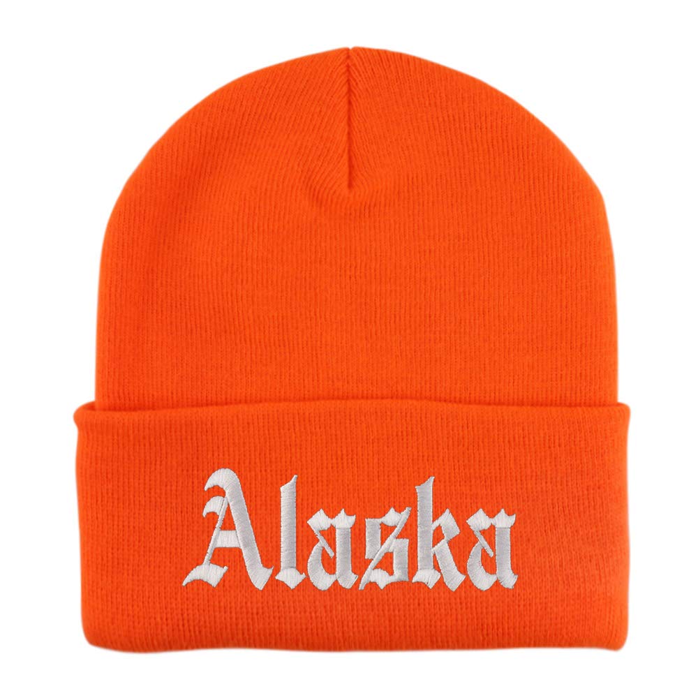 Trendy Apparel Shop Alaska State Old English Embroidered Long Cuff Beanie