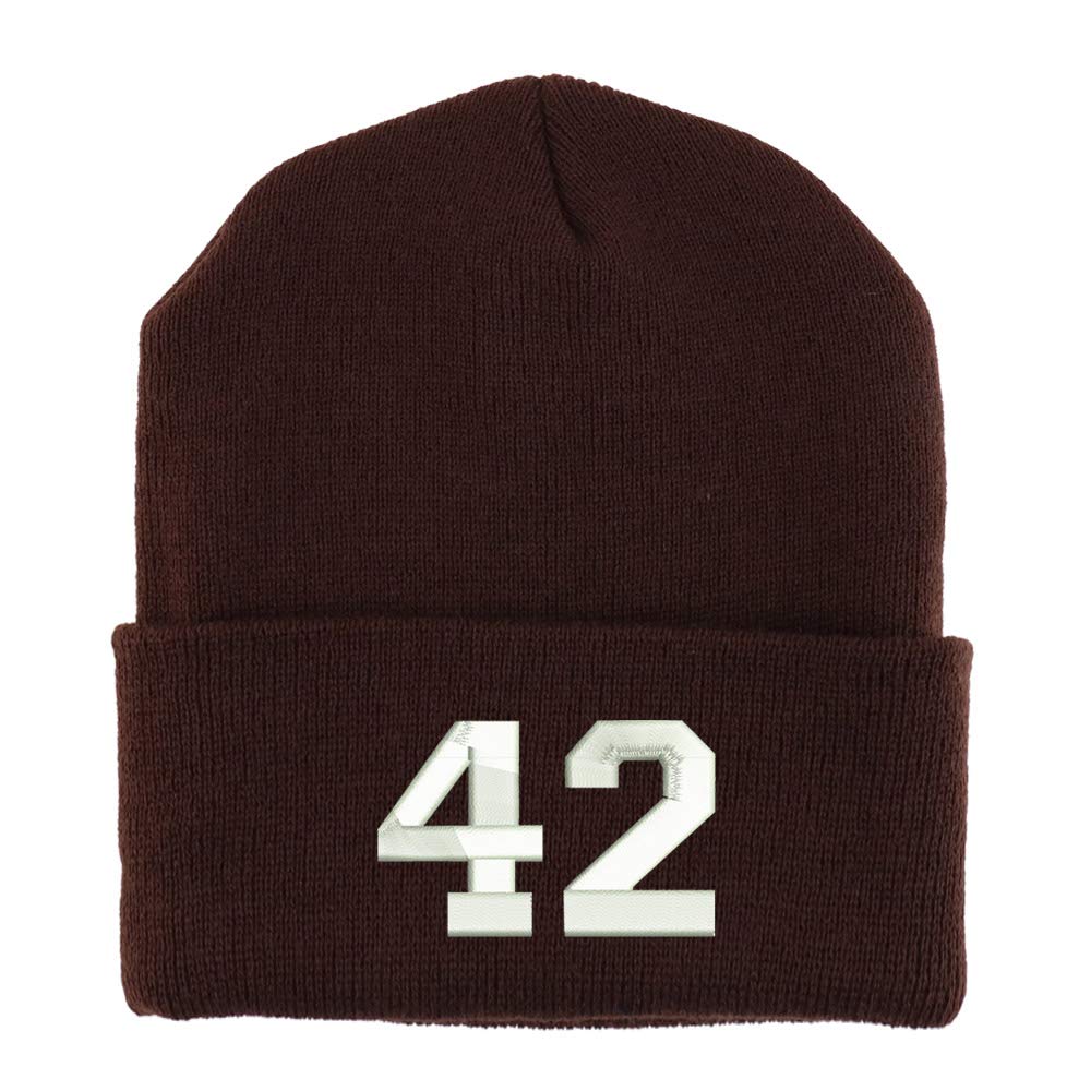 Trendy Apparel Shop Number 42 Collegiate Varsity Embroidered Made in USA Cuff Folded Acylic Knit Winter Beanie Hat