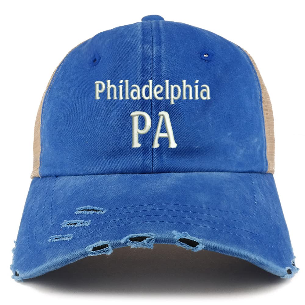 Trendy Apparel Shop Philadelphia PA Embroidered Frayed Bill Trucker Mesh Back Cap