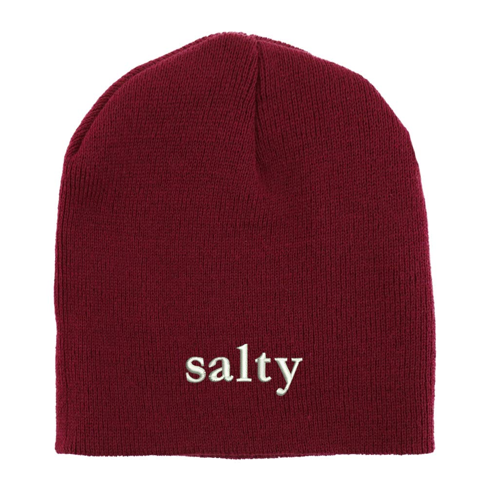 Trendy Apparel Shop Salty Embroidered Made in USA Short Acrylic Knit Winter Beanie Hat