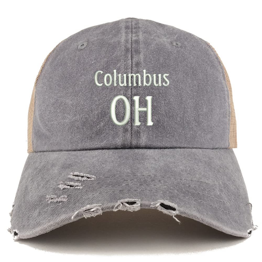 Trendy Apparel Shop Columbus OH Embroidered Frayed Bill Trucker Mesh Back Cap