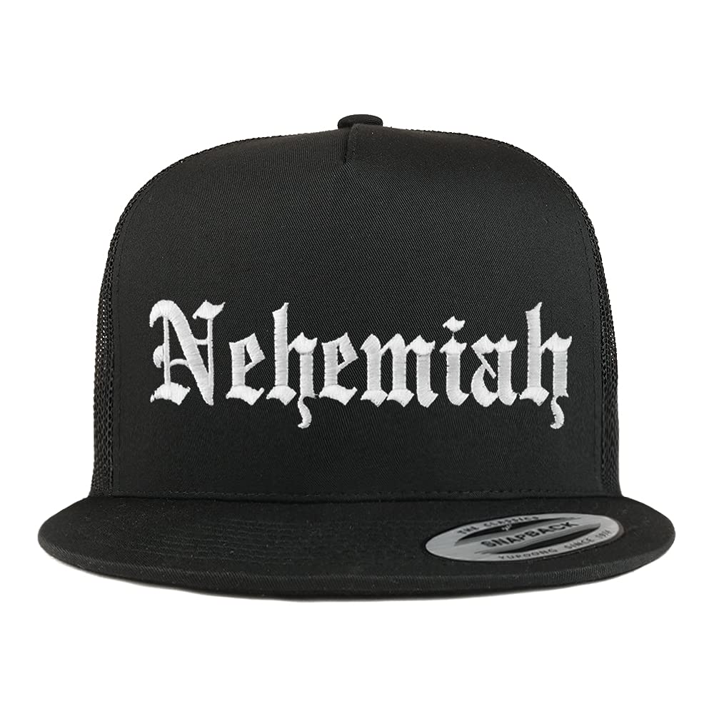 Trendy Apparel Shop Nehemiah Old English 5 Panel Flatbill Trucker Cap