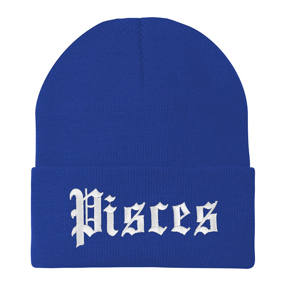 Trendy Apparel Shop Pisces Old English Embroidered Long Cuff Beanie